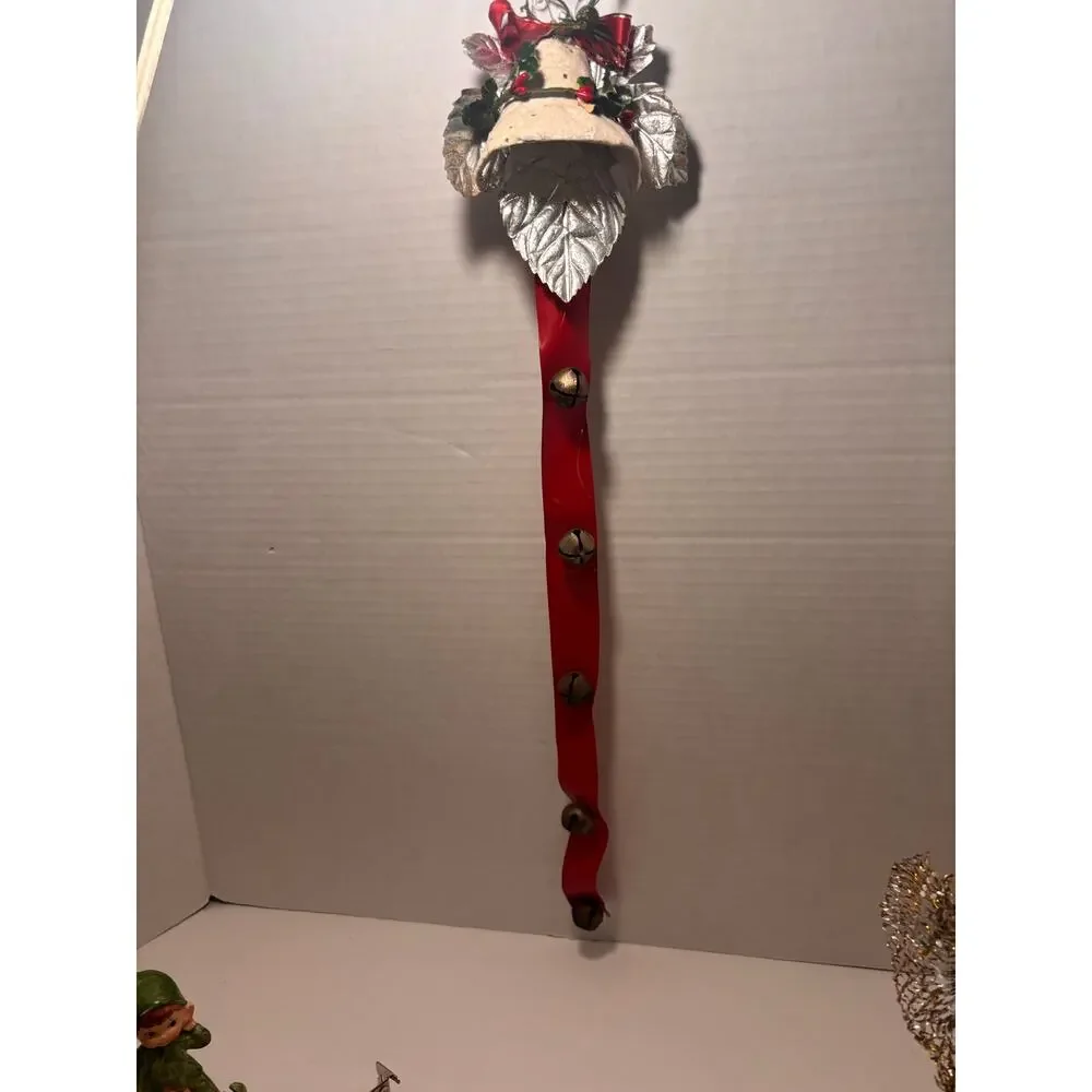Vintage Paper Mache Christmas Jingle Bell Door Hanger, 21” MCM Celluloid Ribbon